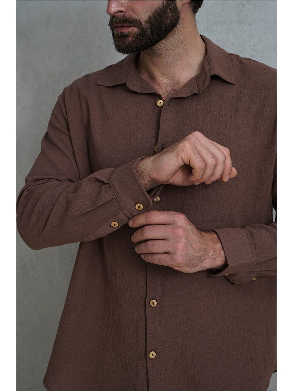 Kahverengi Wesley Erkek Oversize Krinkıl Kahve Gömlek-2