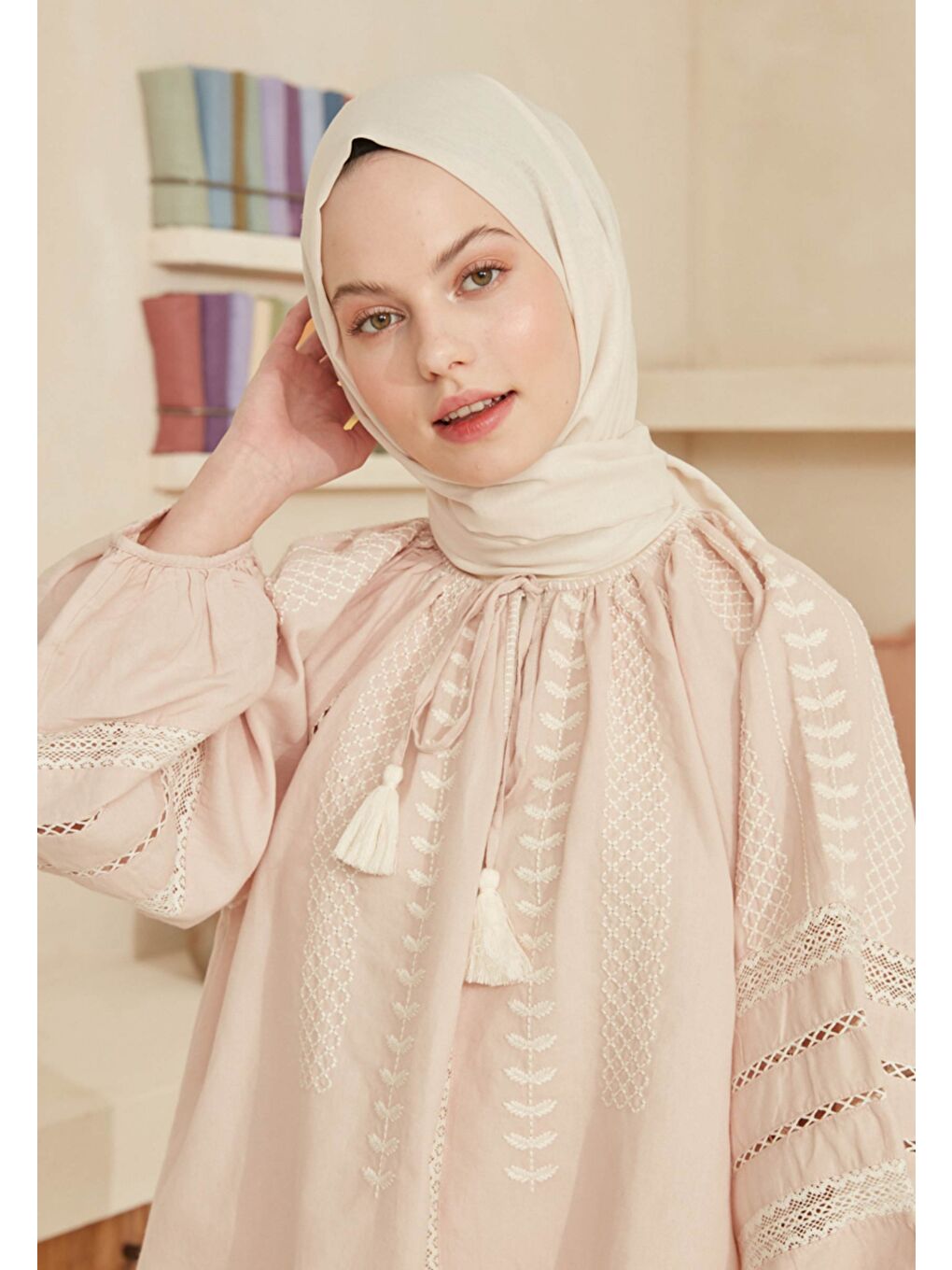 Ekru İnce Pamuk Vual Şal İnci-2