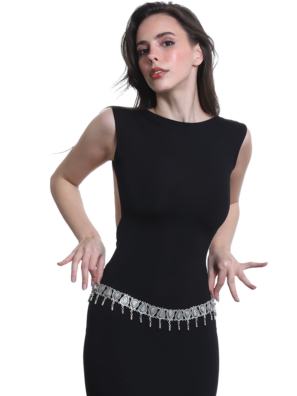 Gri Kadın Antik Gümüş Kaplama Mavi Boncuklu Damla Formlu Bel Kemeri, Bel Kolyesi-5