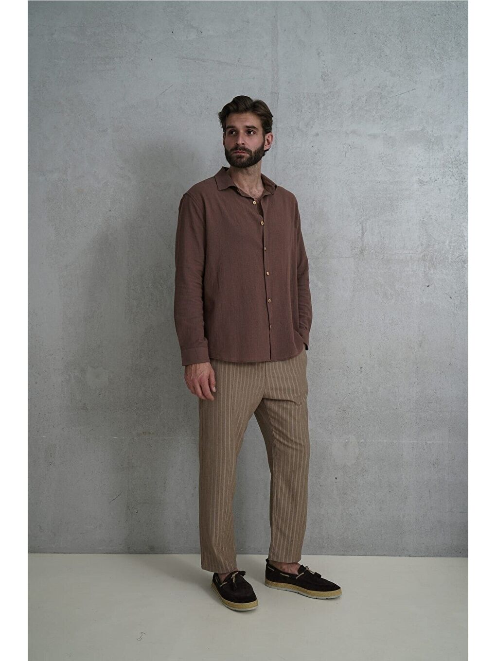 Kahverengi Wesley Erkek Oversize Krinkıl Kahve Gömlek-4