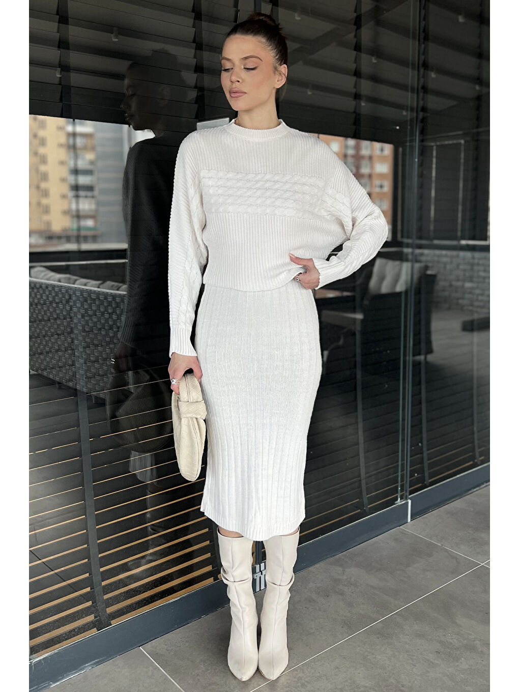 Ekru Kadın Bluz Elbise Kombinli İkili Triko Takım-1