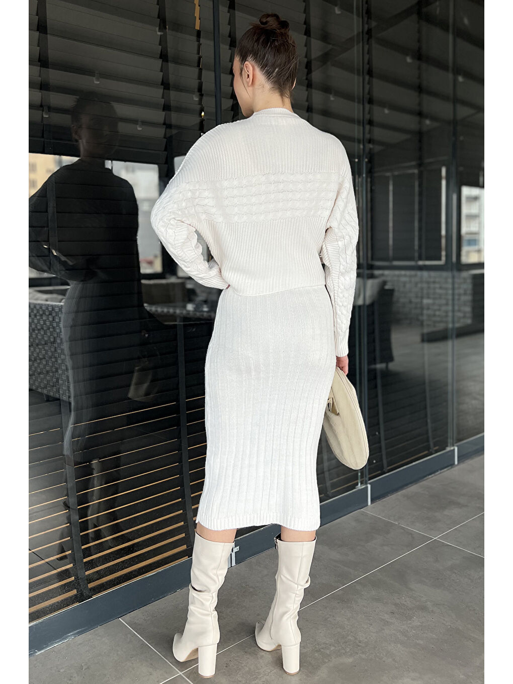 Ekru Kadın Bluz Elbise Kombinli İkili Triko Takım-2