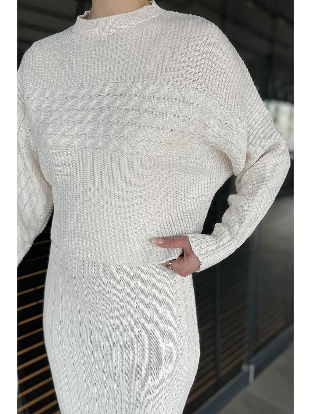 Ekru Kadın Bluz Elbise Kombinli İkili Triko Takım-3