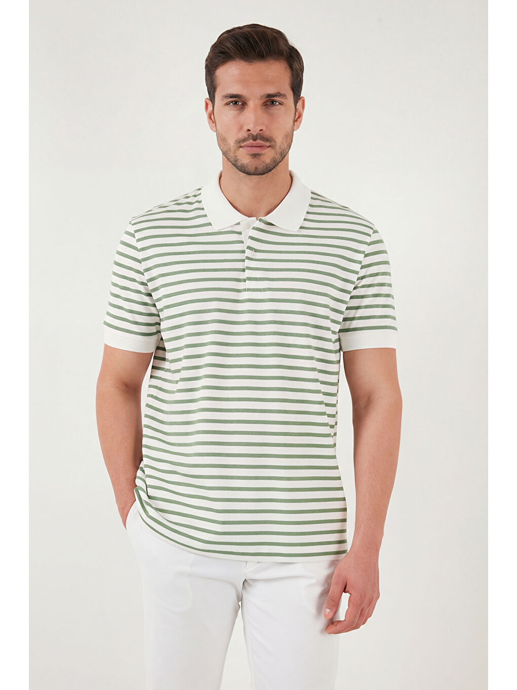 Yeşil Pamuklu Çizgili Kısa Kollu Düğmeli Polo T Shirt 5904046-1
