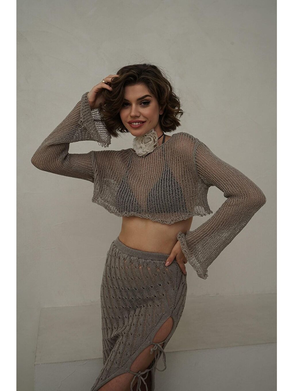 Bej Daisy Vizon İnce Triko Crop