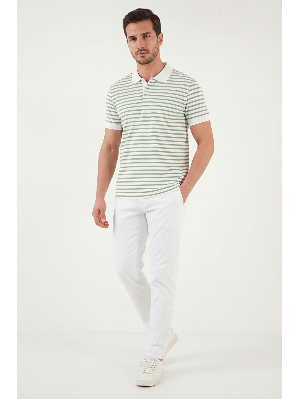 Yeşil Pamuklu Çizgili Kısa Kollu Düğmeli Polo T Shirt 5904046-2