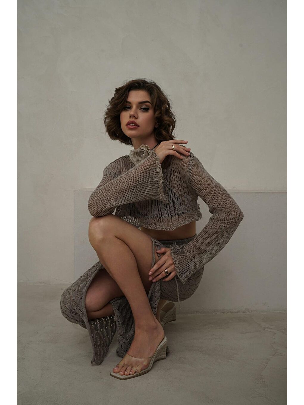 Bej Daisy Vizon İnce Triko Crop-1