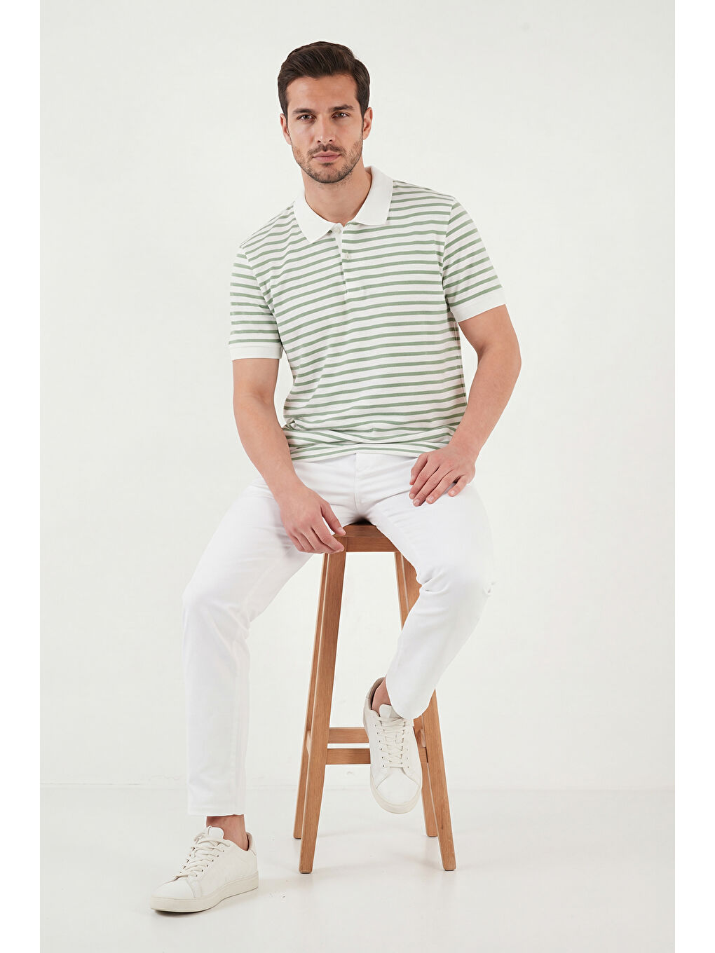 Yeşil Pamuklu Çizgili Kısa Kollu Düğmeli Polo T Shirt 5904046-3