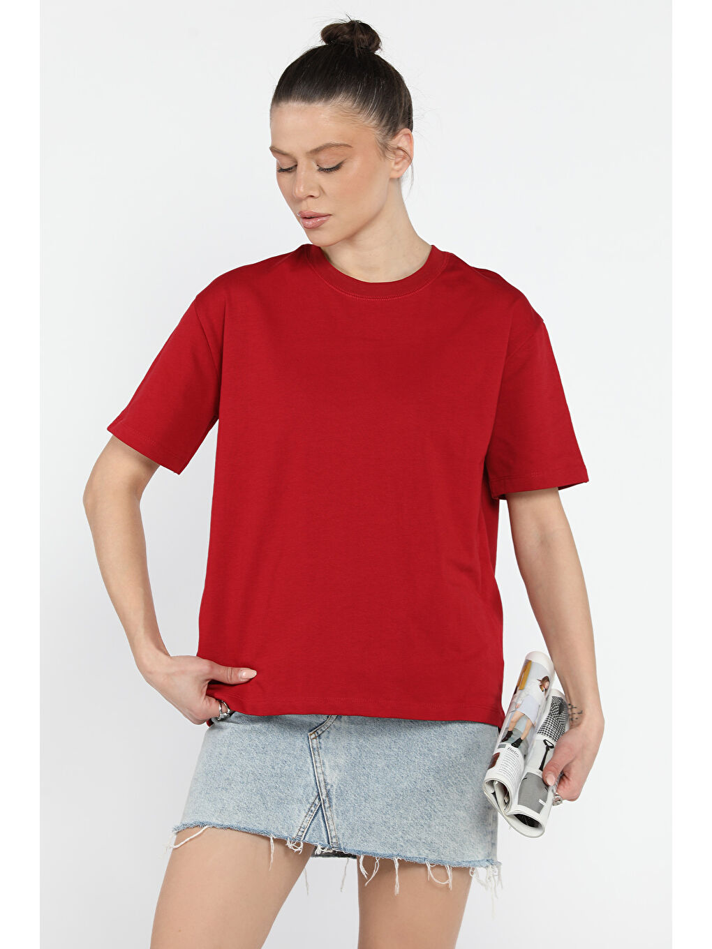 Bordo Bisiklet Yaka Kadın Basic Tişört-1