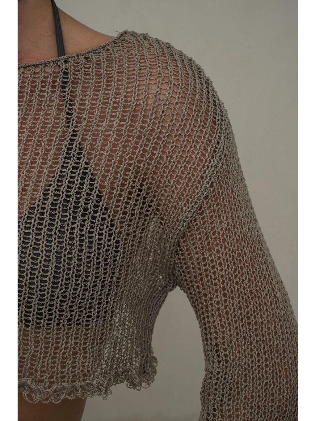 Bej Daisy Vizon İnce Triko Crop-2