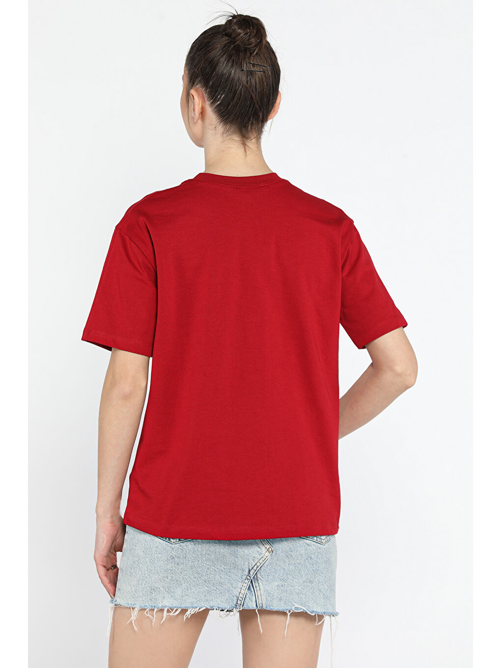 Bordo Bisiklet Yaka Kadın Basic Tişört-2