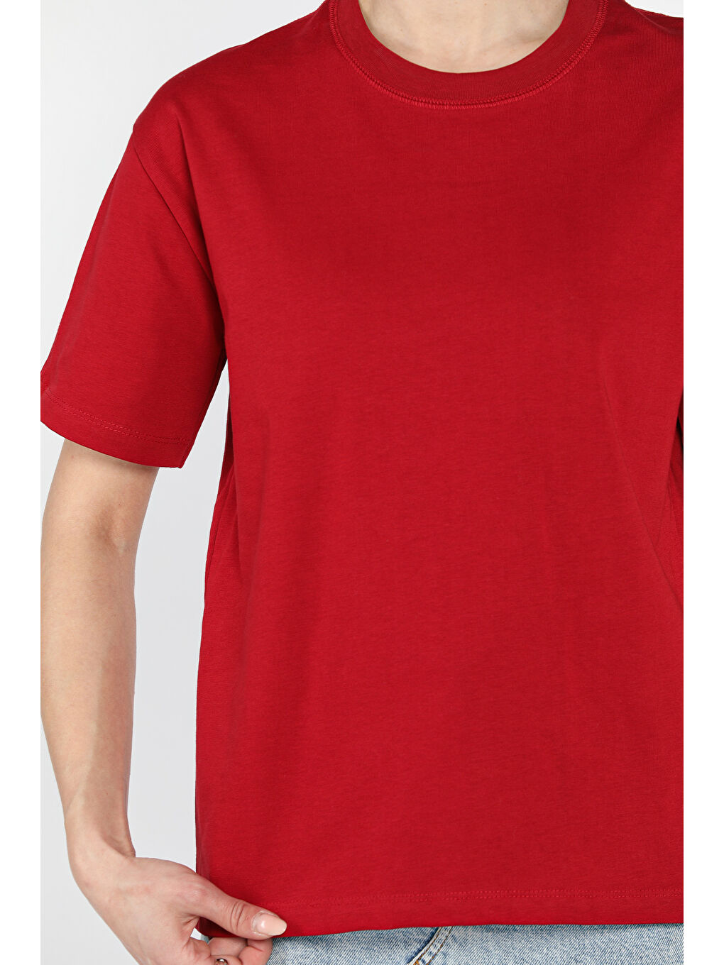 Bordo Bisiklet Yaka Kadın Basic Tişört-3