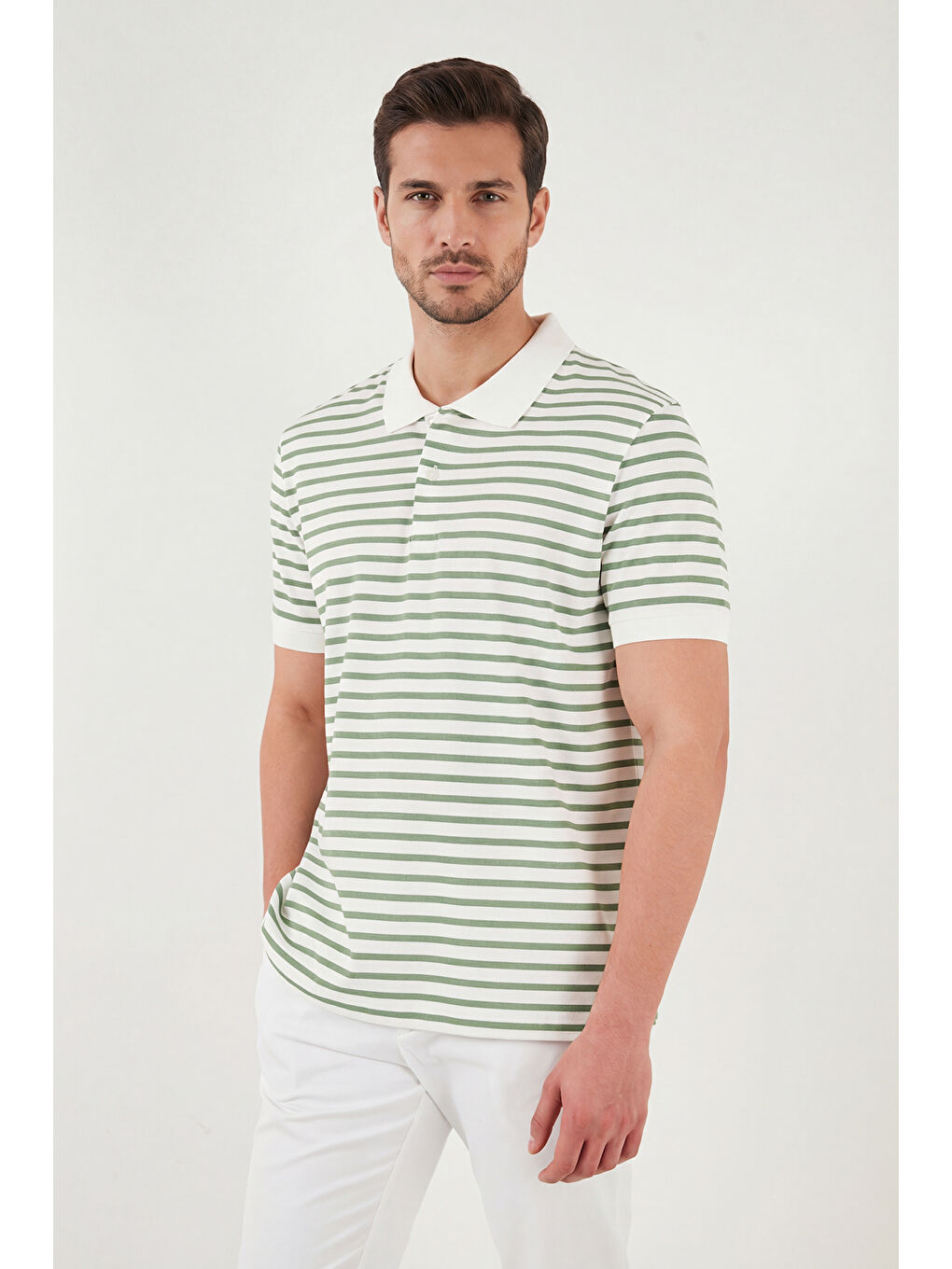 Yeşil Pamuklu Çizgili Kısa Kollu Düğmeli Polo T Shirt 5904046-4