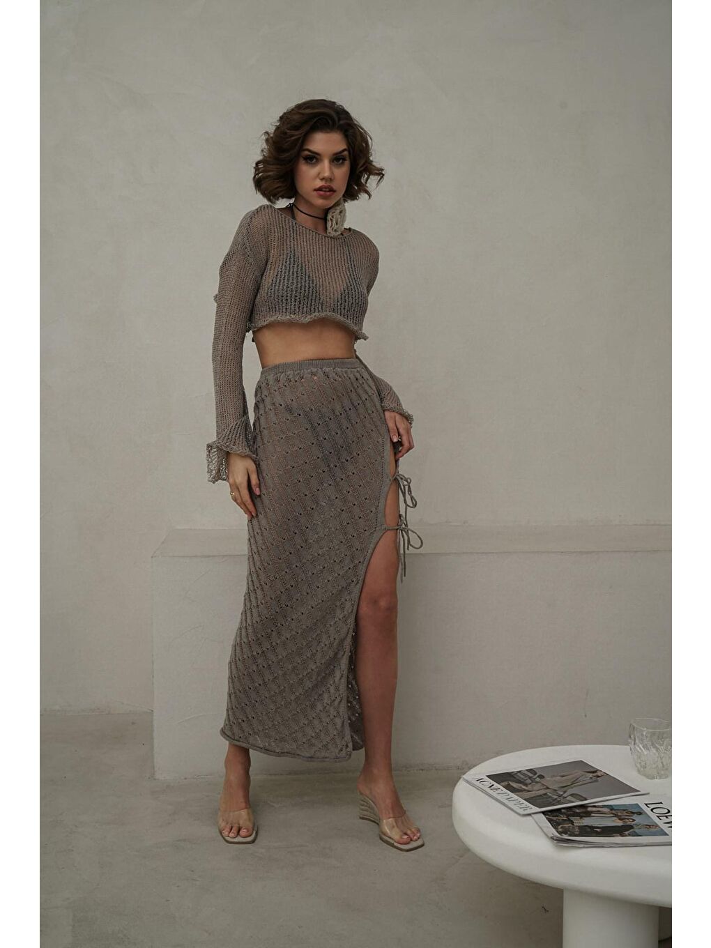 Bej Daisy Vizon İnce Triko Crop-3