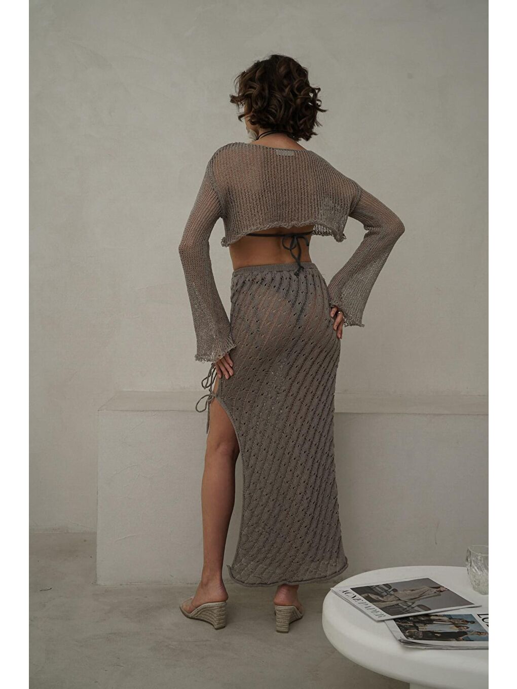 Bej Daisy Vizon İnce Triko Crop-4