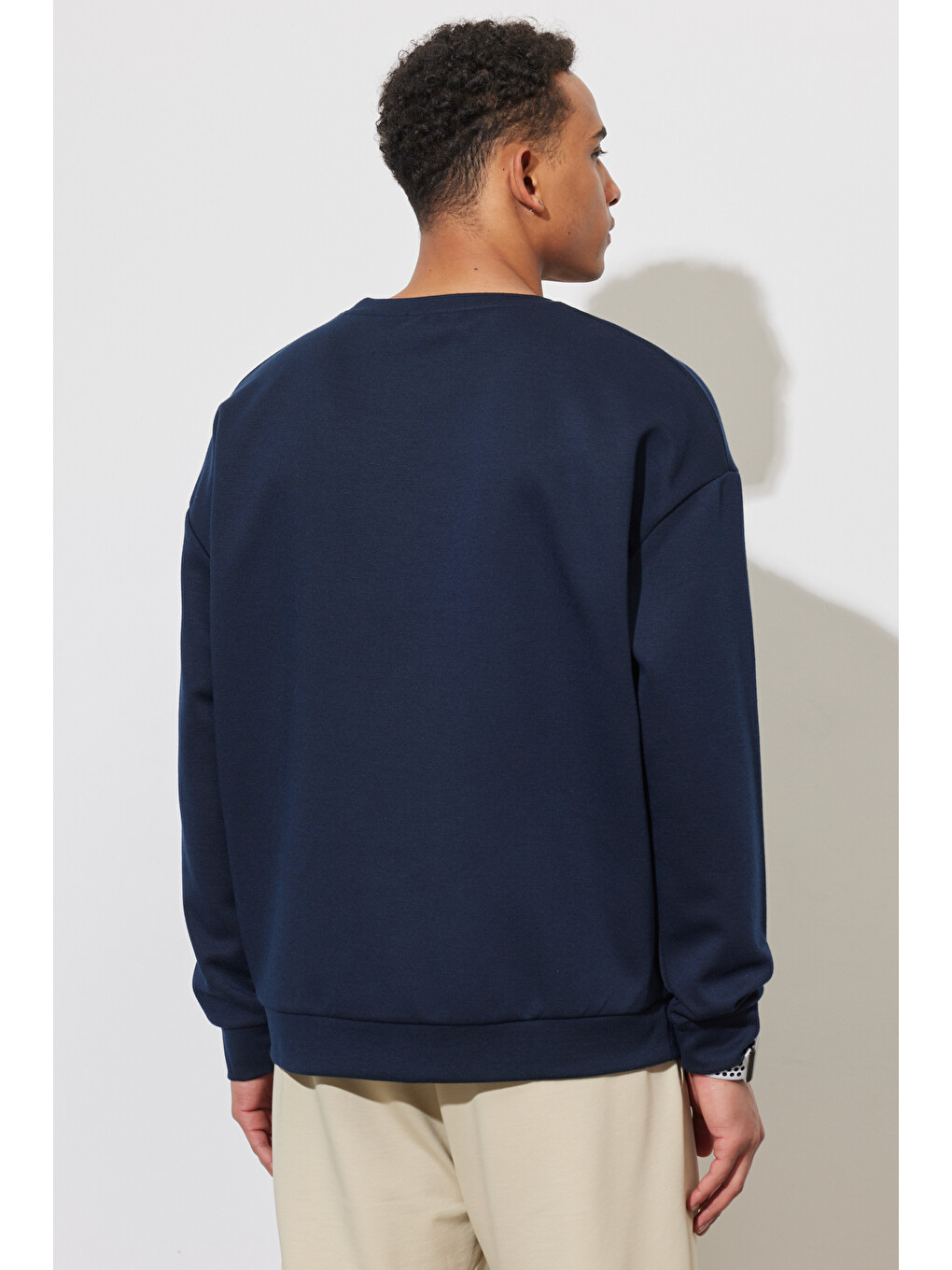 Erkek Lacivert Oversize Bol Kesim Bisiklet Yaka Düz Sweatshirt-5