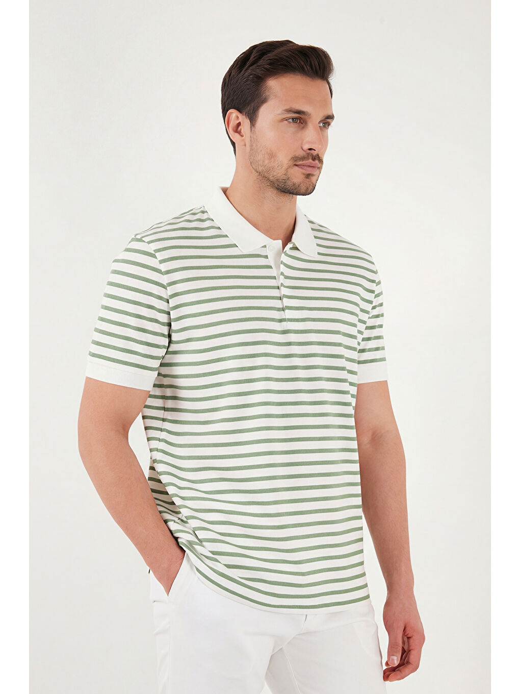 Yeşil Pamuklu Çizgili Kısa Kollu Düğmeli Polo T Shirt 5904046-5