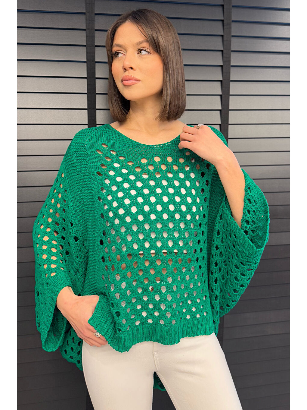 Yeşil Ajurlu Kadın Triko Bluz