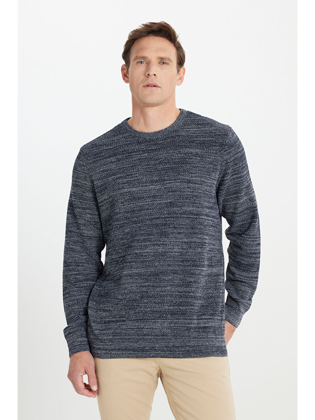 Erkek Lacivert-Gri Recycle Standart Fit Bisiklet Yaka Düz Triko Kazak