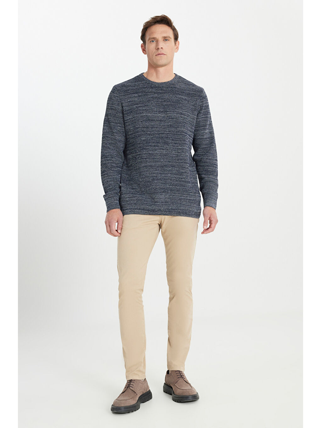 Erkek Lacivert-Gri Recycle Standart Fit Bisiklet Yaka Düz Triko Kazak-1