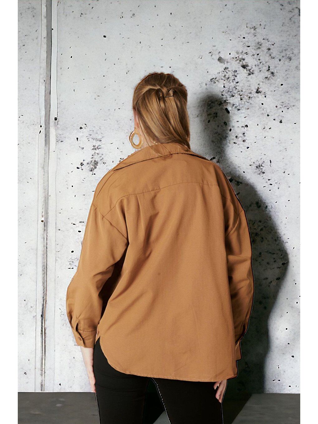 Kahverengi Oversize Uzun Basic Gömlek-1
