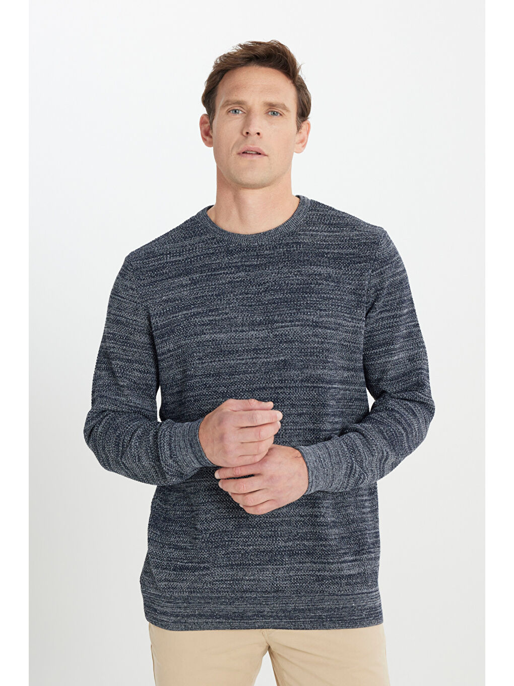 Erkek Lacivert-Gri Recycle Standart Fit Bisiklet Yaka Düz Triko Kazak-2