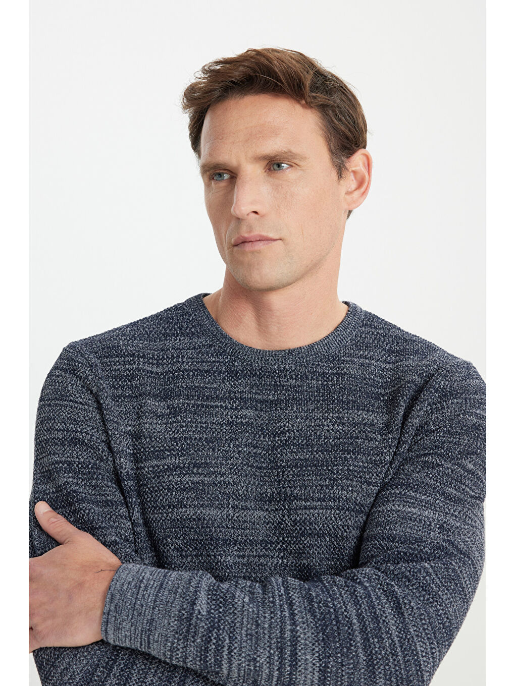 Erkek Lacivert-Gri Recycle Standart Fit Bisiklet Yaka Düz Triko Kazak-3