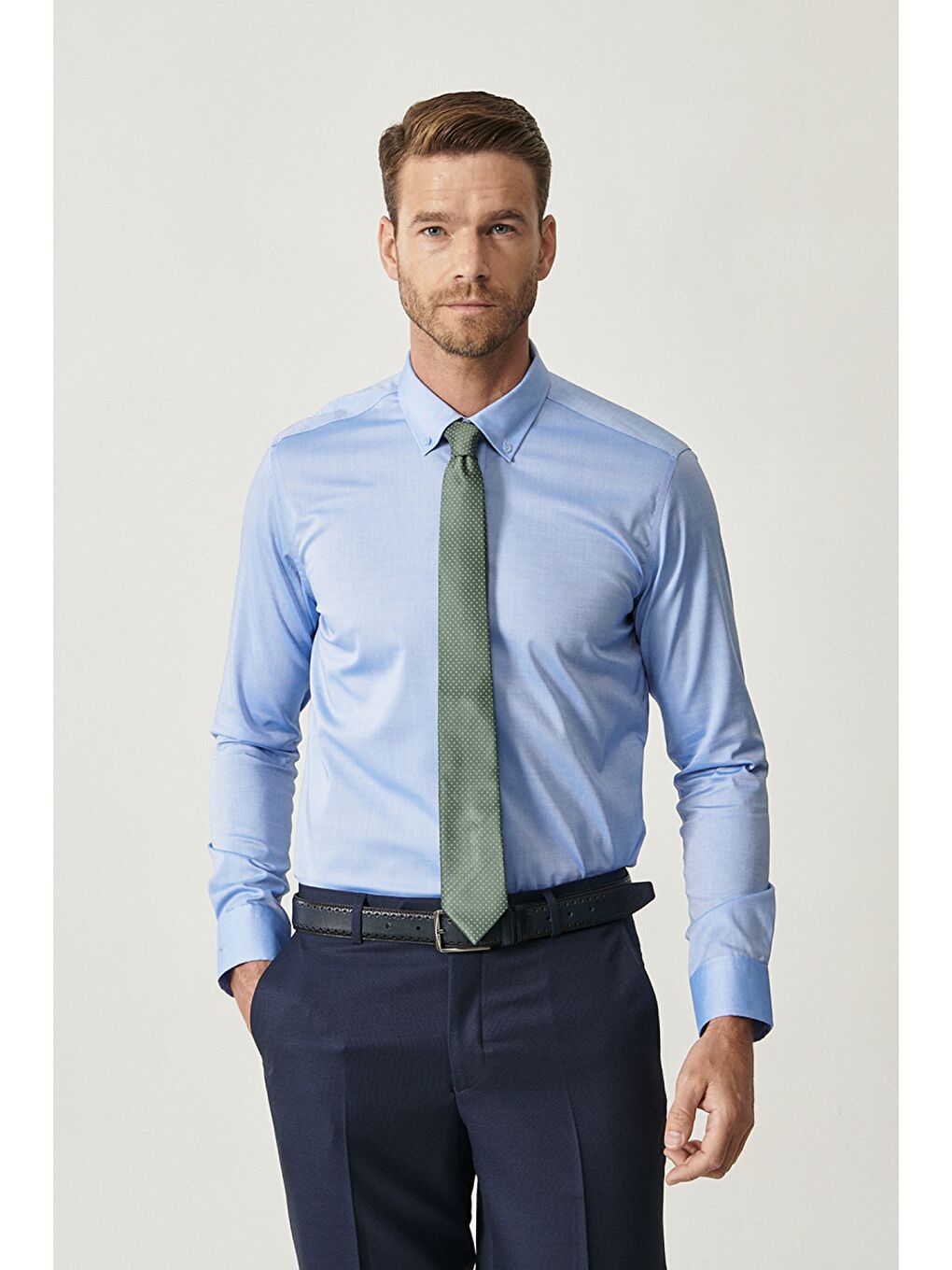 Erkek Mavi Mavi Ütü Gerektirmeyen Non-Iron Tailored Slim Fit Gömlek