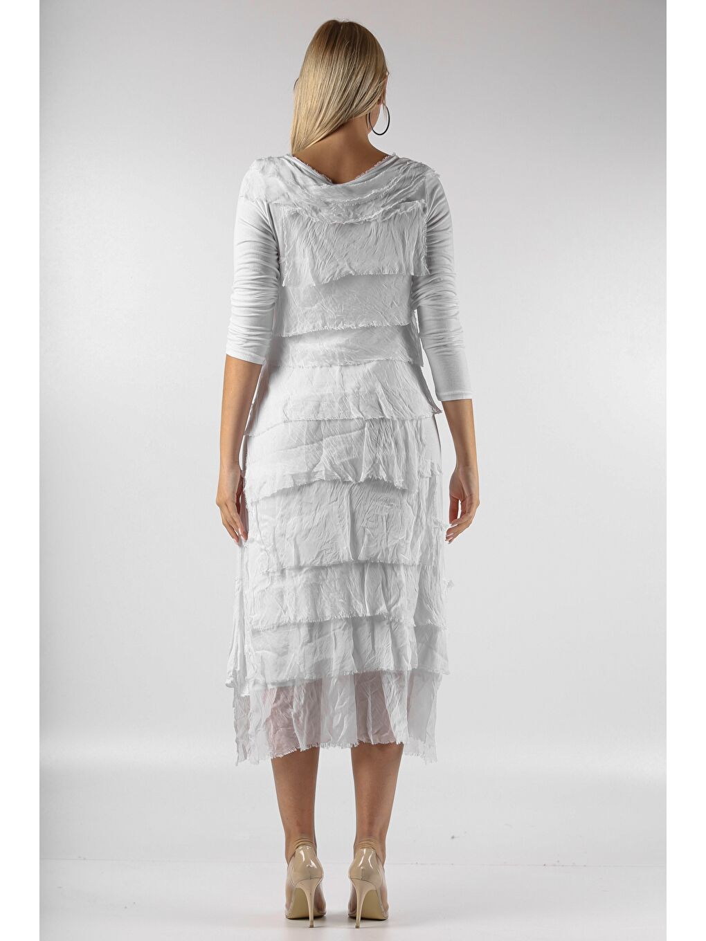 İtalyan Beyaz Yuvarlak Yaka Uzun Kol Destroylu Dokuma Elbise-1