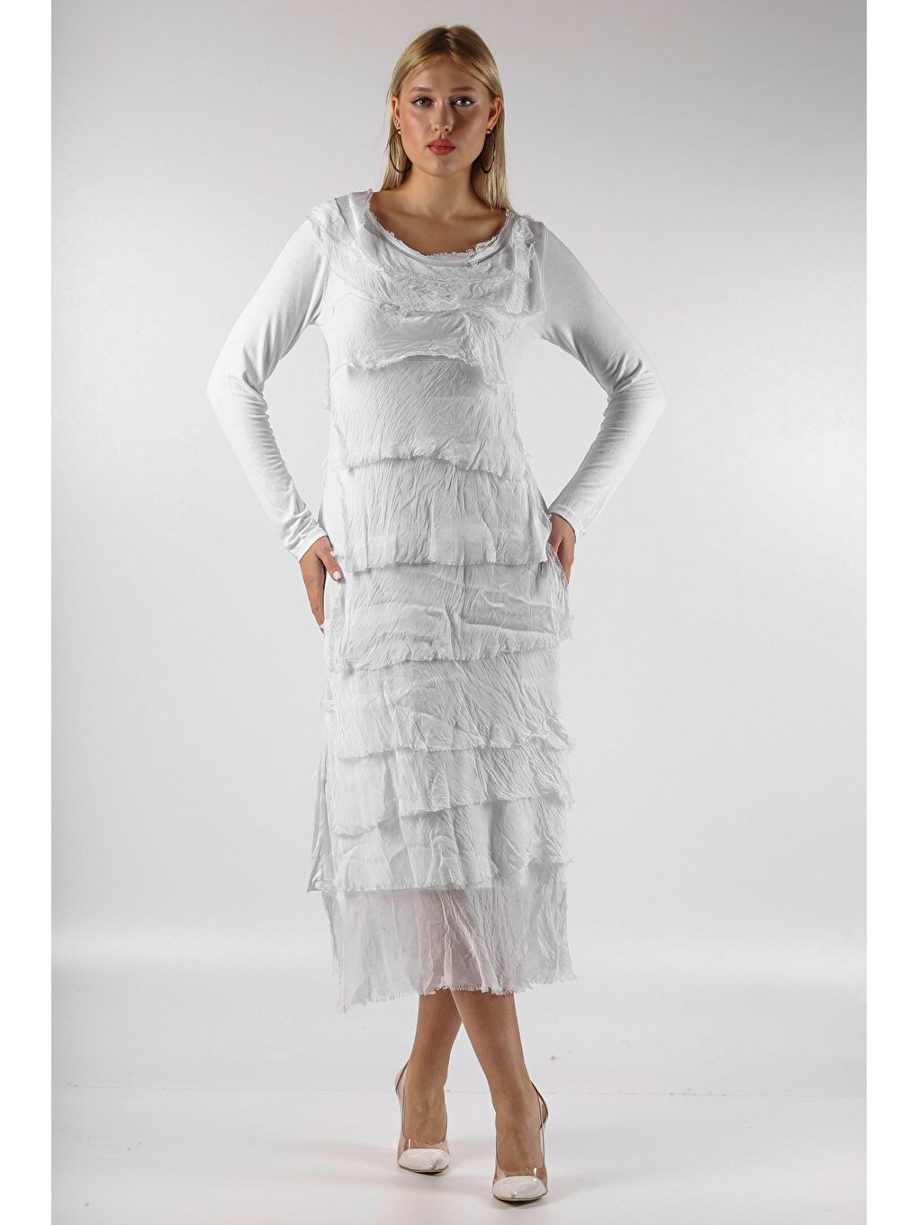 İtalyan Beyaz Yuvarlak Yaka Uzun Kol Destroylu Dokuma Elbise-3