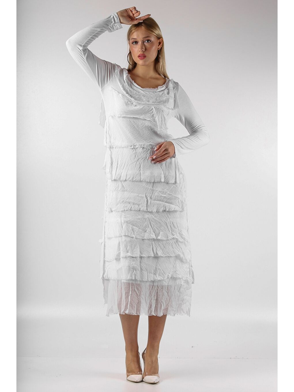 İtalyan Beyaz Yuvarlak Yaka Uzun Kol Destroylu Dokuma Elbise-4
