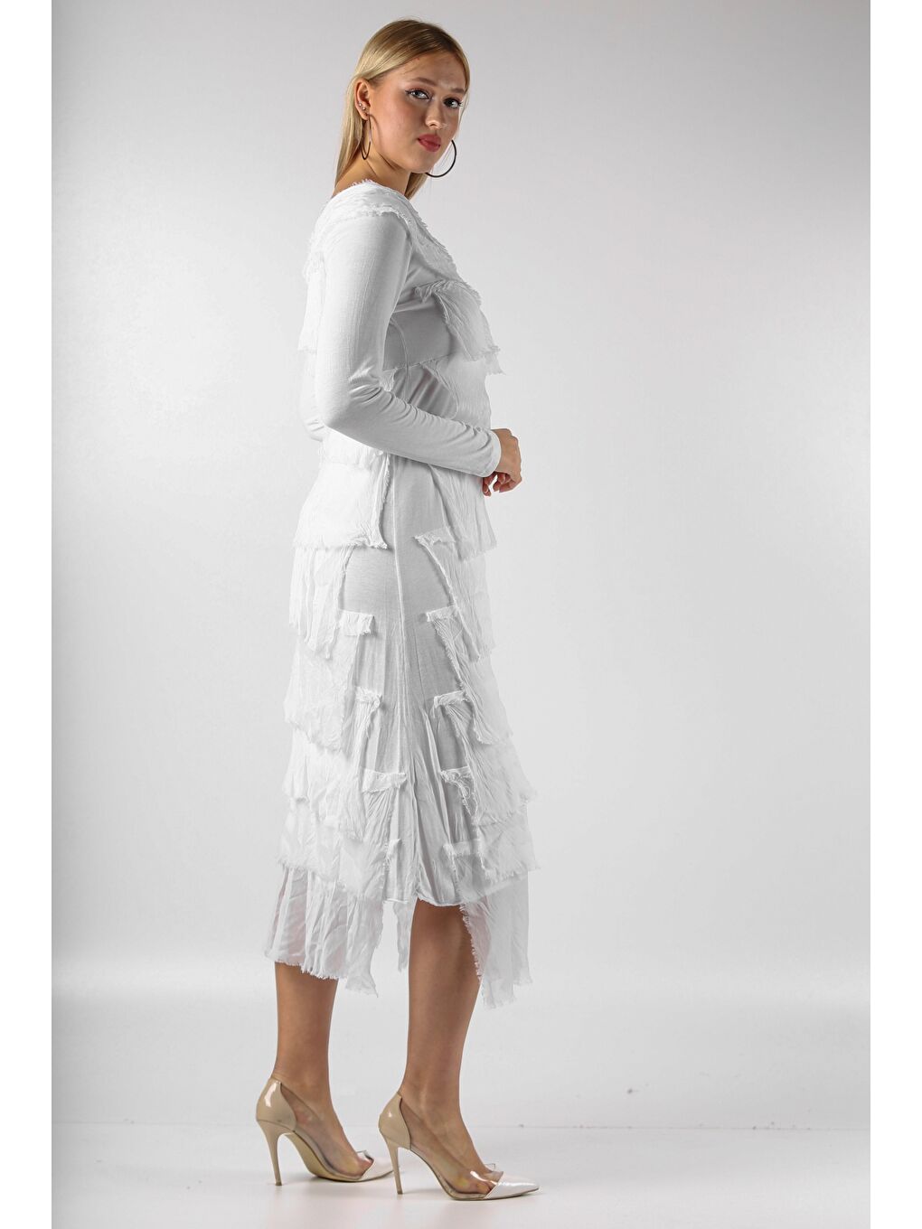 İtalyan Beyaz Yuvarlak Yaka Uzun Kol Destroylu Dokuma Elbise-5