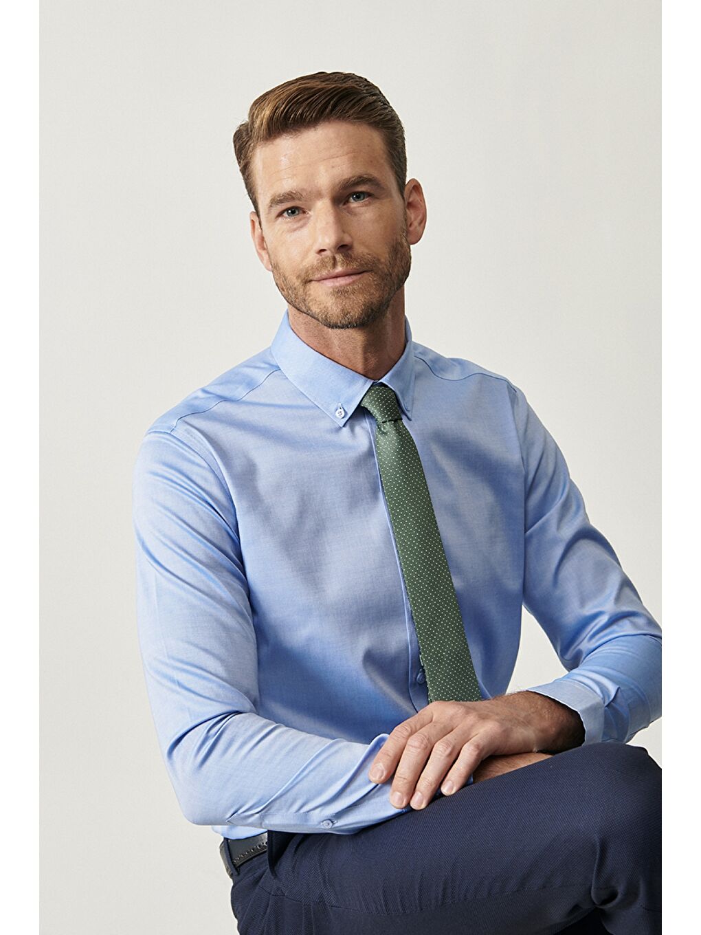 Erkek Mavi Mavi Ütü Gerektirmeyen Non-Iron Tailored Slim Fit Gömlek-1