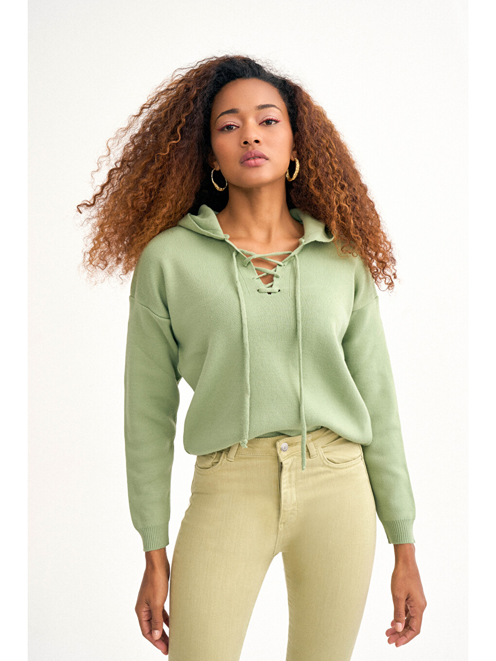 Yeşil Kapüşonlu Triko Kazak Mint