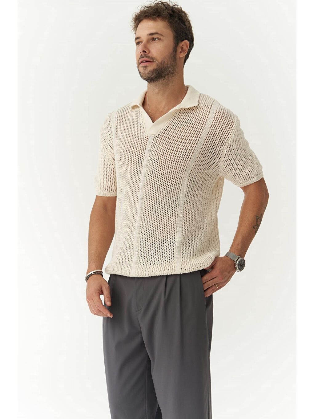 Looke Erkek Çizgi Detay Ekru Triko T-shirt