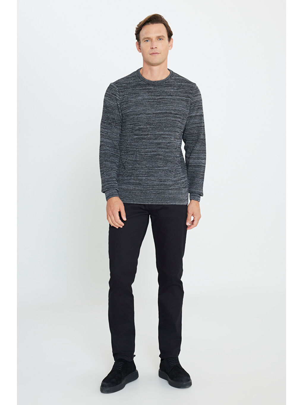 Erkek Siyah-Gri Recycle Standart Fit Bisiklet Yaka Düz Triko Kazak-1