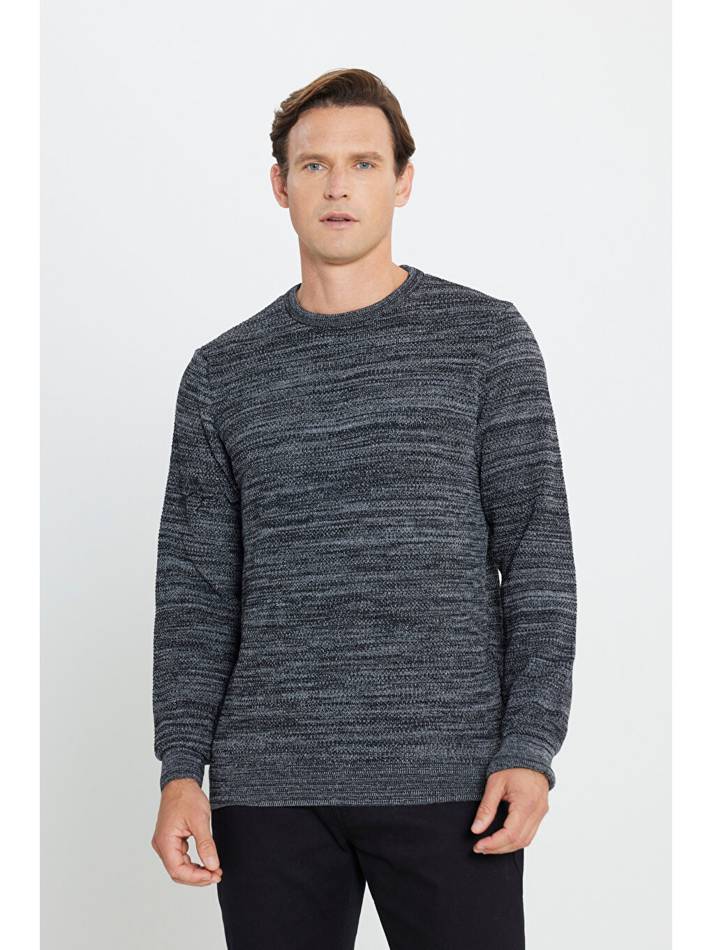 Erkek Siyah-Gri Recycle Standart Fit Bisiklet Yaka Düz Triko Kazak-2