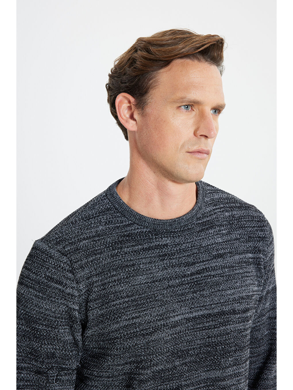 Erkek Siyah-Gri Recycle Standart Fit Bisiklet Yaka Düz Triko Kazak-3