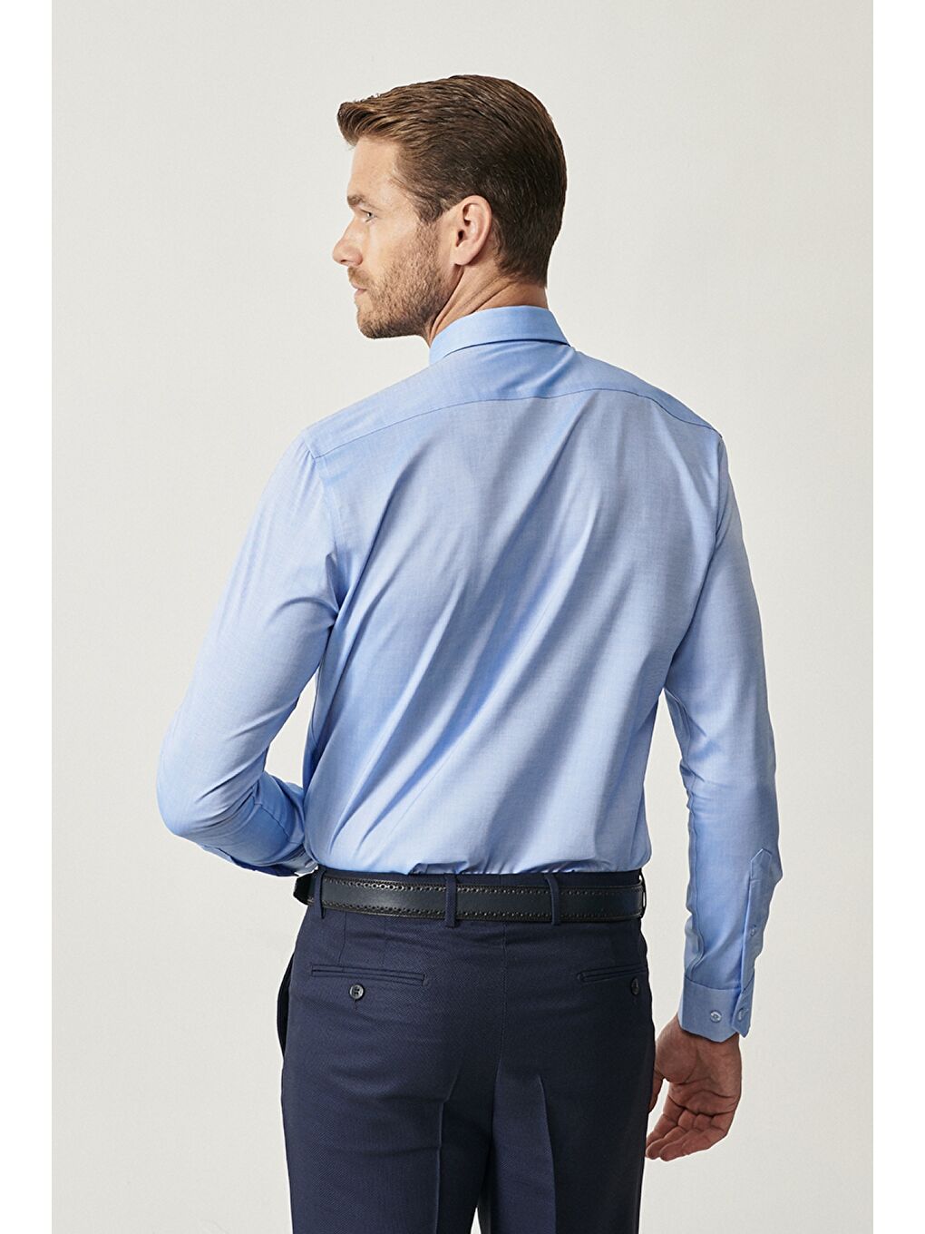 Erkek Mavi Mavi Ütü Gerektirmeyen Non-Iron Tailored Slim Fit Gömlek-2