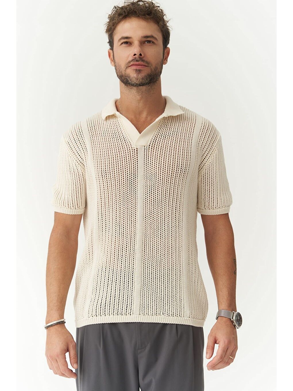 Looke Erkek Çizgi Detay Ekru Triko T-shirt-1