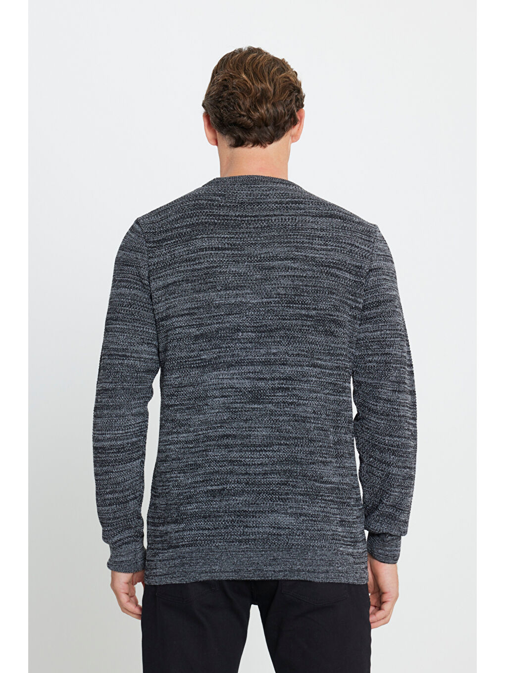 Erkek Siyah-Gri Recycle Standart Fit Bisiklet Yaka Düz Triko Kazak-4