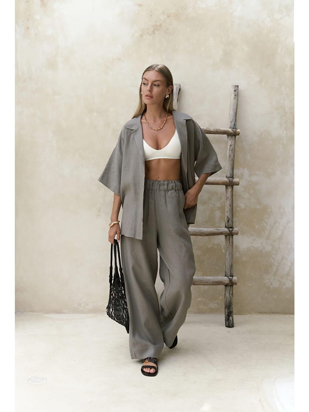 Gri 2821 - Baron Füme Keten Gömlek Pantolon Takım