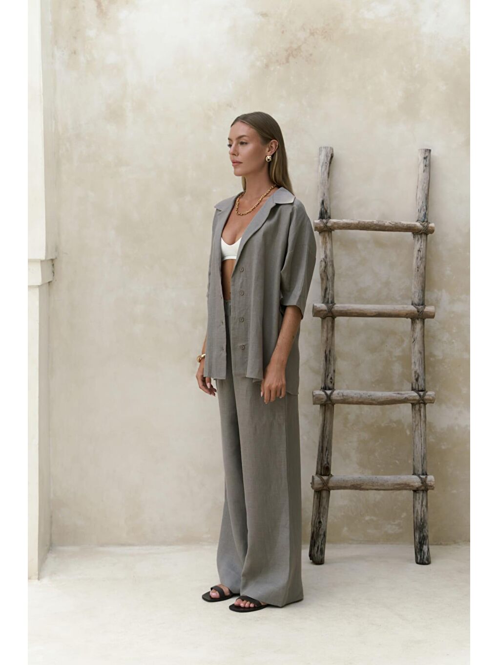 Gri 2821 - Baron Füme Keten Gömlek Pantolon Takım-1