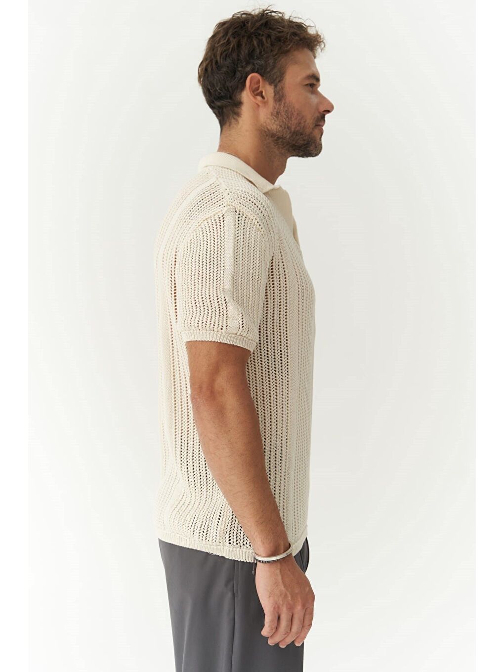 Looke Erkek Çizgi Detay Ekru Triko T-shirt-2