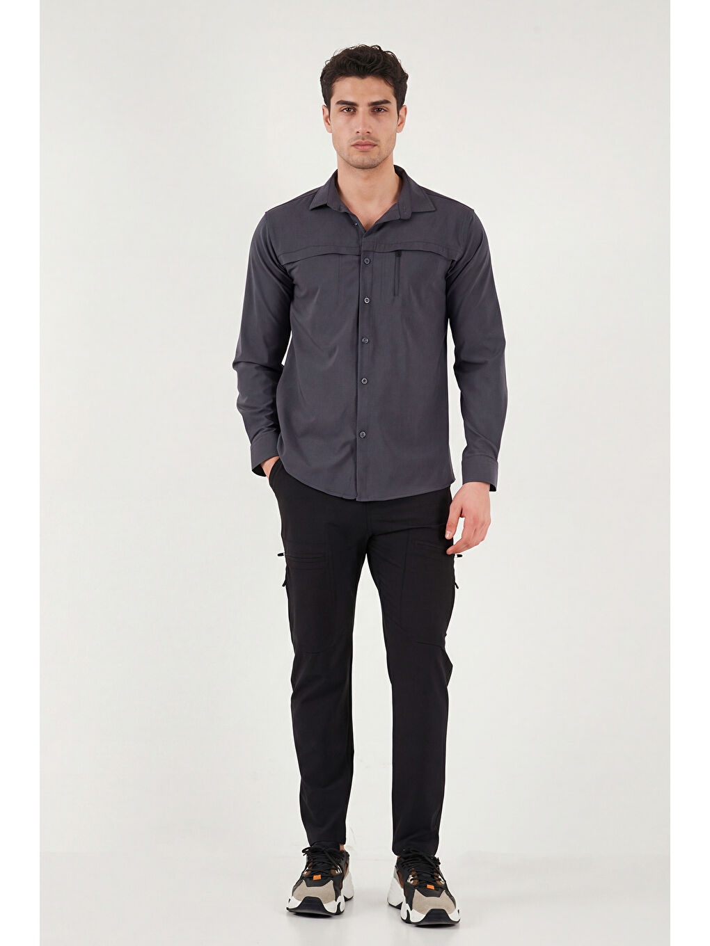 Siyah Normal Kalıp Kargo Cepli Lastikli Bel Trekking ve Kurye Pantolon 693710-1