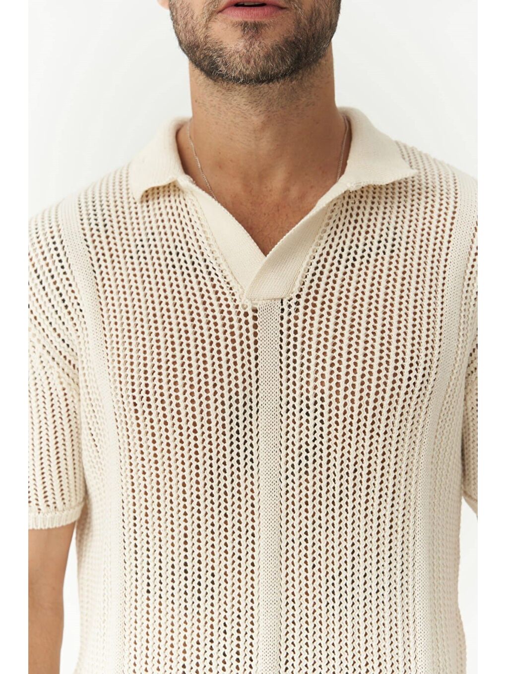 Looke Erkek Çizgi Detay Ekru Triko T-shirt-4