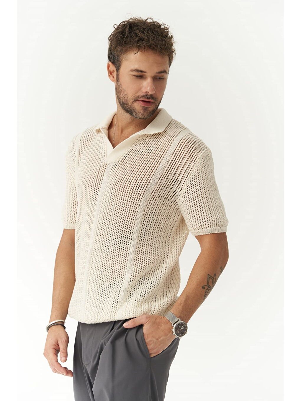 Looke Erkek Çizgi Detay Ekru Triko T-shirt-5