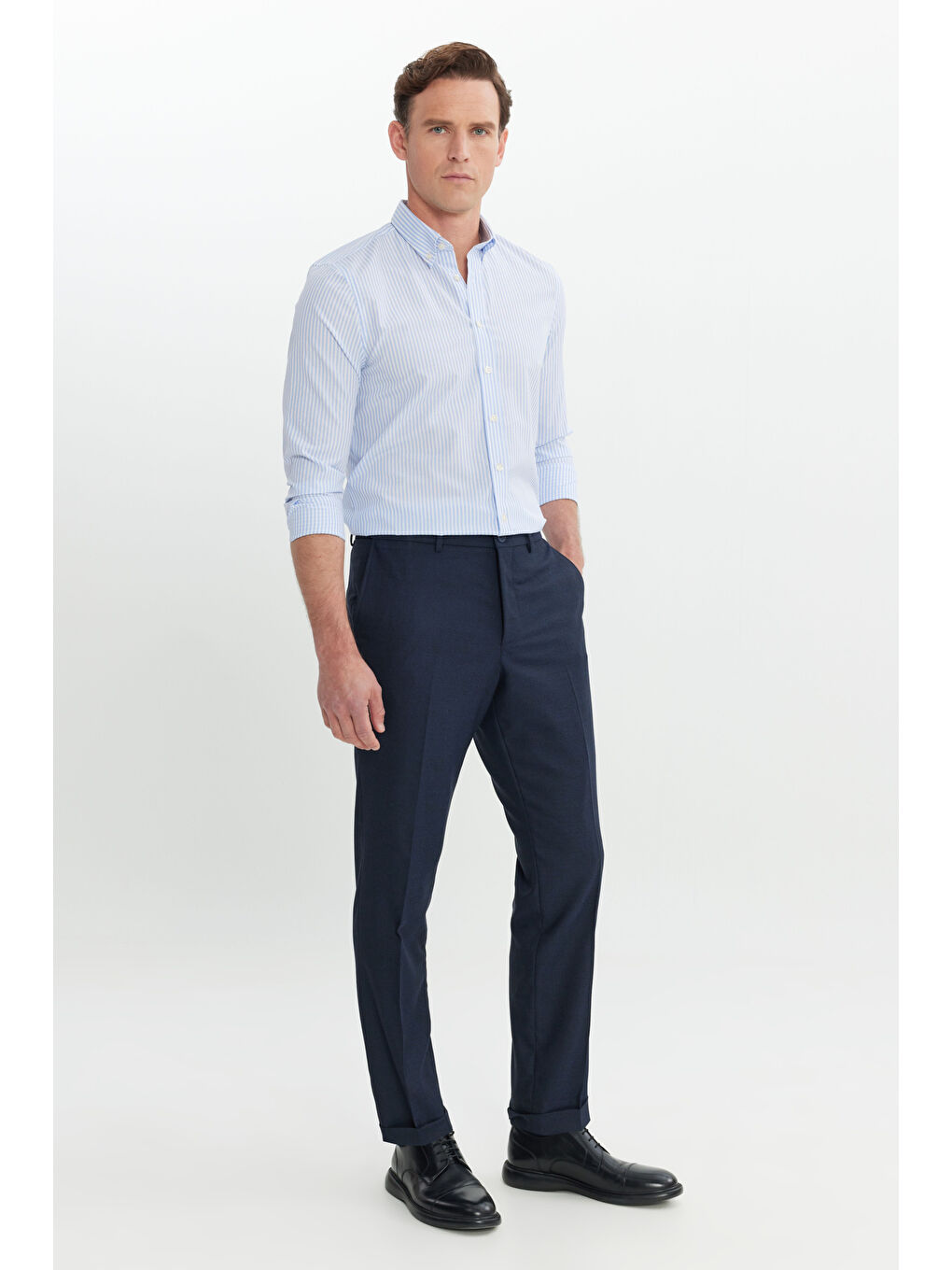 Erkek Lacivert Rahat Kesim Kuş Gözü Desenli Beli Lastikli Yan Cepli Klasik Pantolon-1