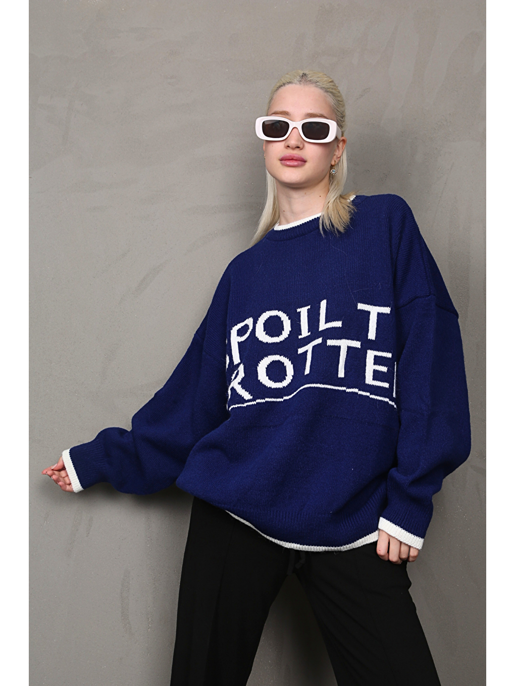 Mavi Saks Yazılı Oversize Bisiklet Yaka Kadın Kazak