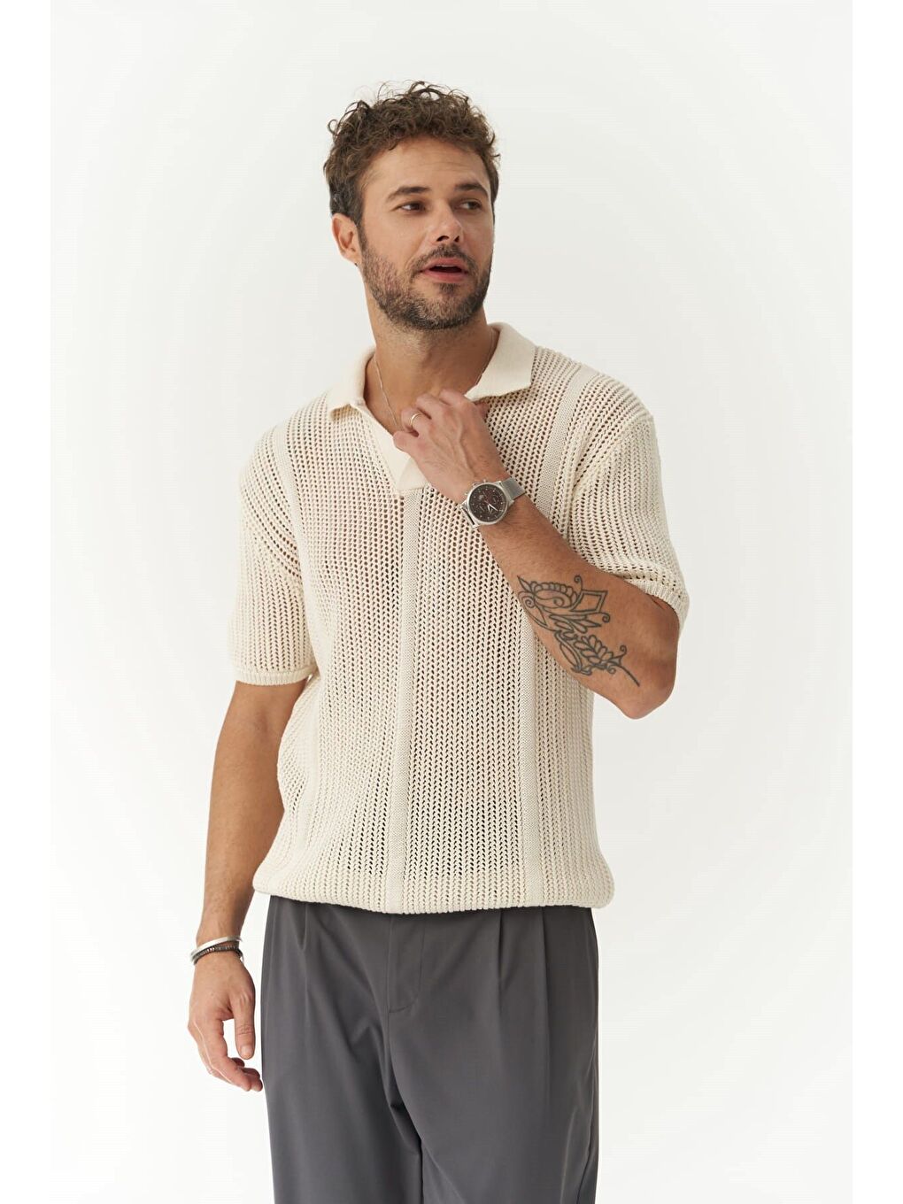 Looke Erkek Çizgi Detay Ekru Triko T-shirt-6